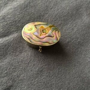 Mother of Pearl and silver pill case. Made in Mexico About 1 1/2”